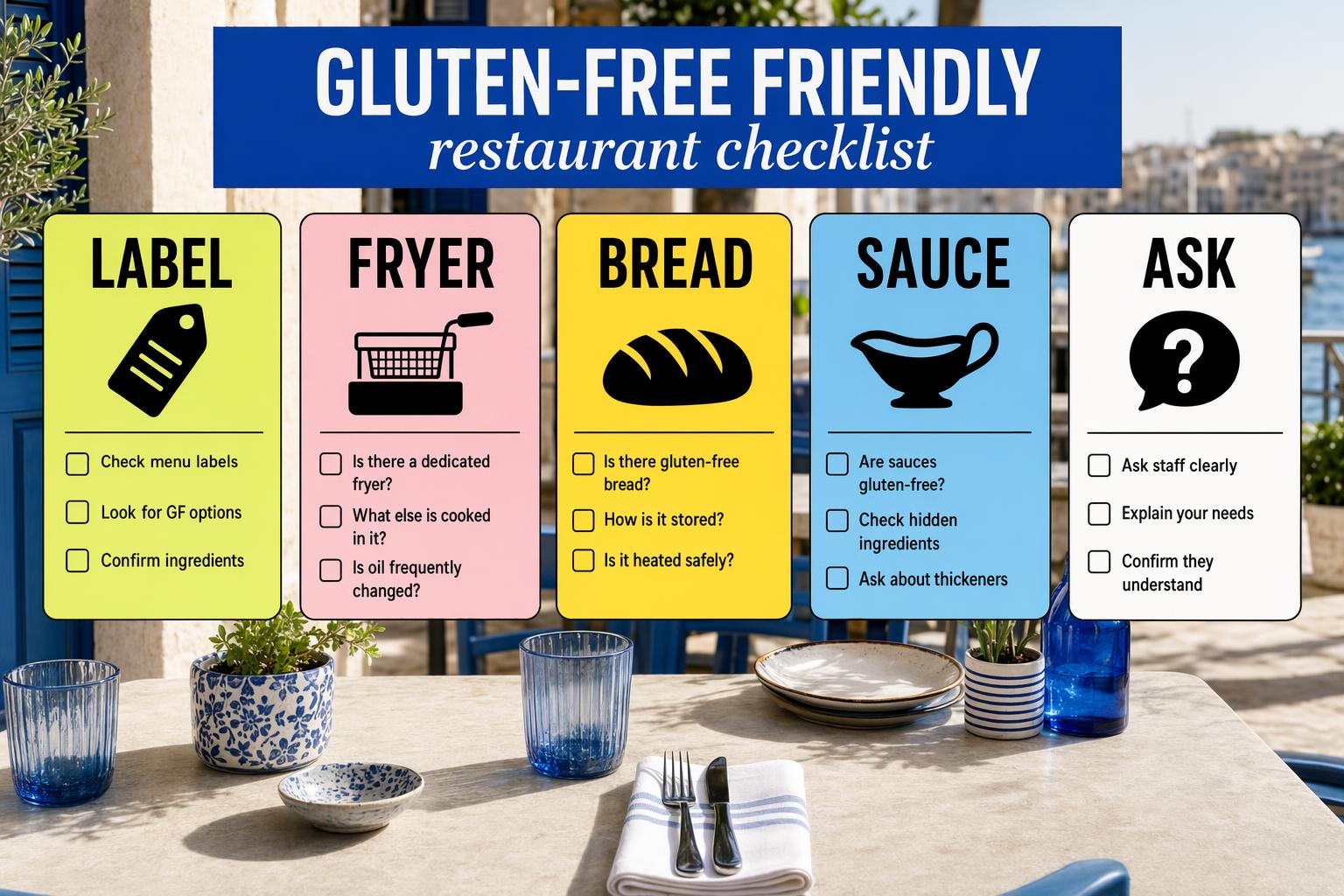Gluten-free friendly restaurant checklist in Malta with readable label, fryer, bread, sauce and ask cards.