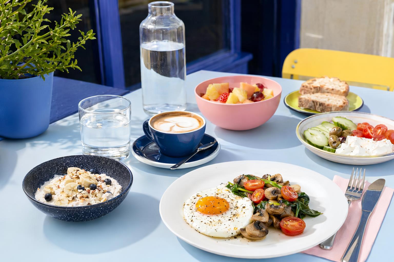 Healthy breakfast table in Malta with eggs, oats, fruit, vegetables, coffee, bread and water.
