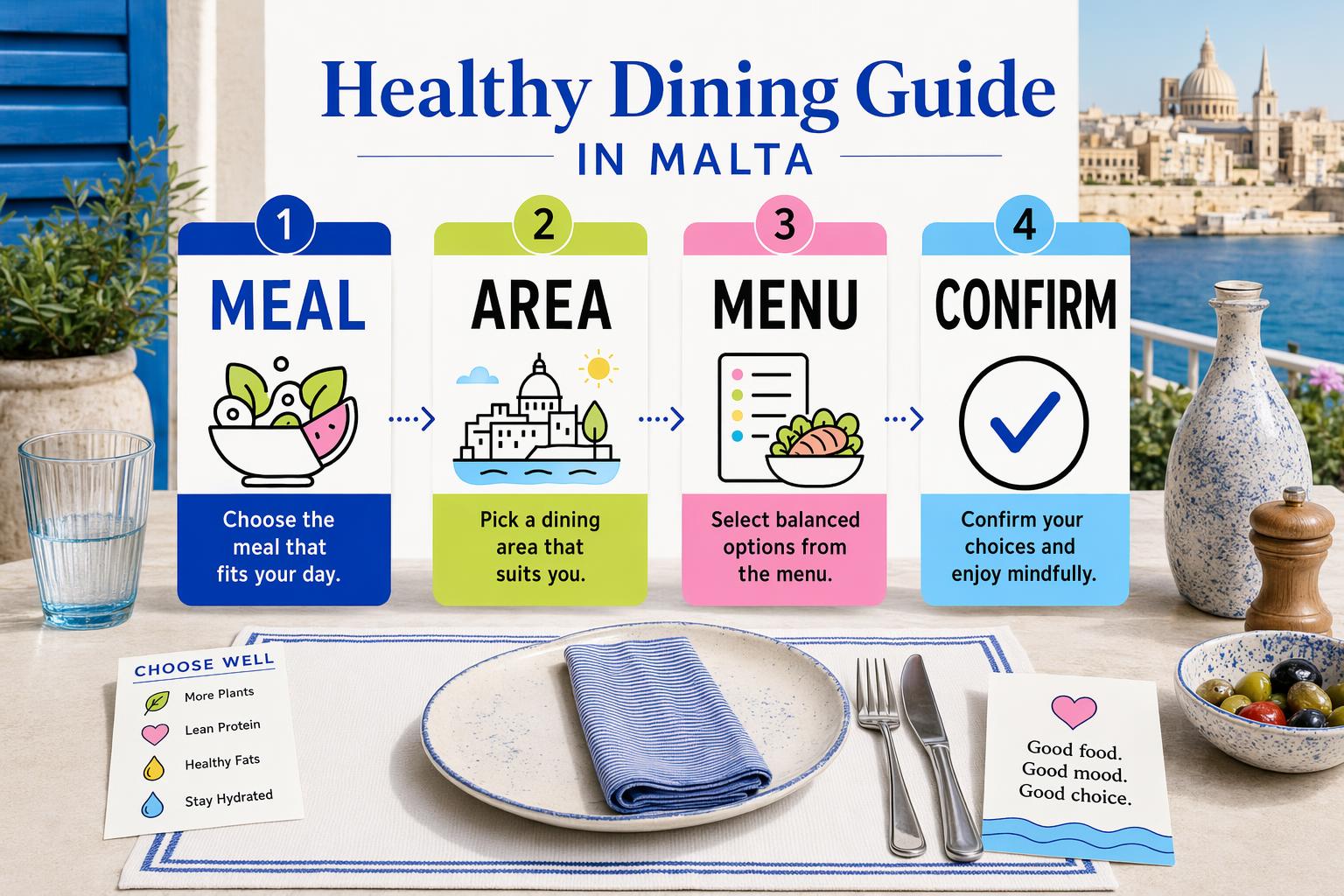 Healthy dining method image for Malta with readable meal, area, menu and confirm cards beside a restaurant table.