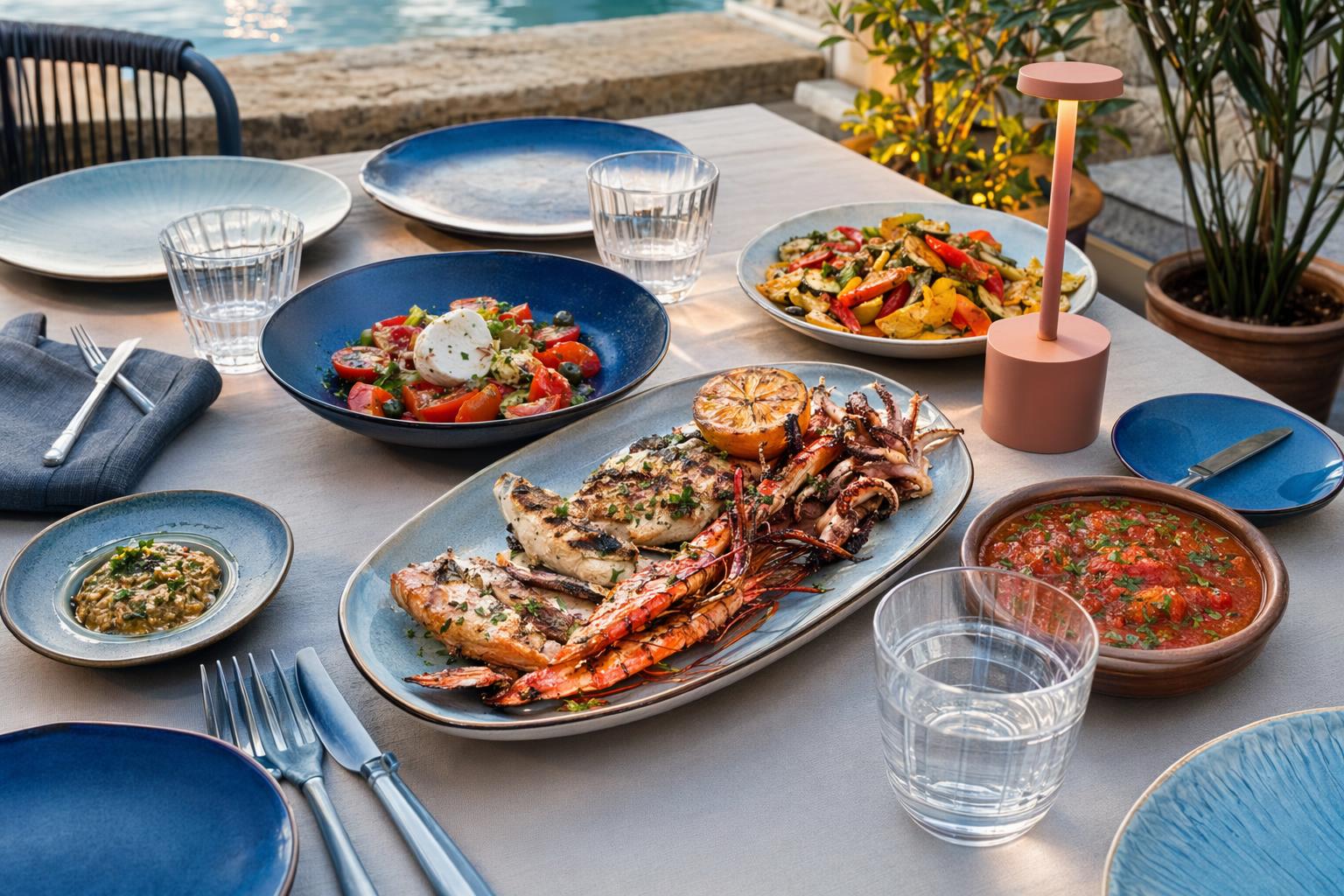 Healthy dinner table in Malta with grilled seafood, vegetable sides, tomato sauce, water and shared dishes.