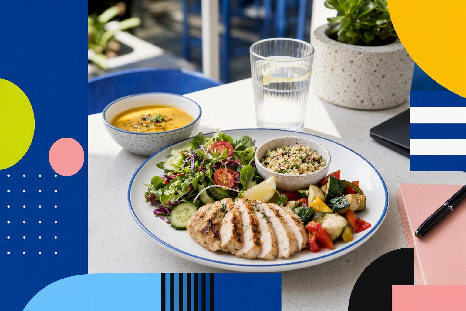 Healthy lunch plate in Malta with grilled protein, salad, vegetables, a small side, soup and water.