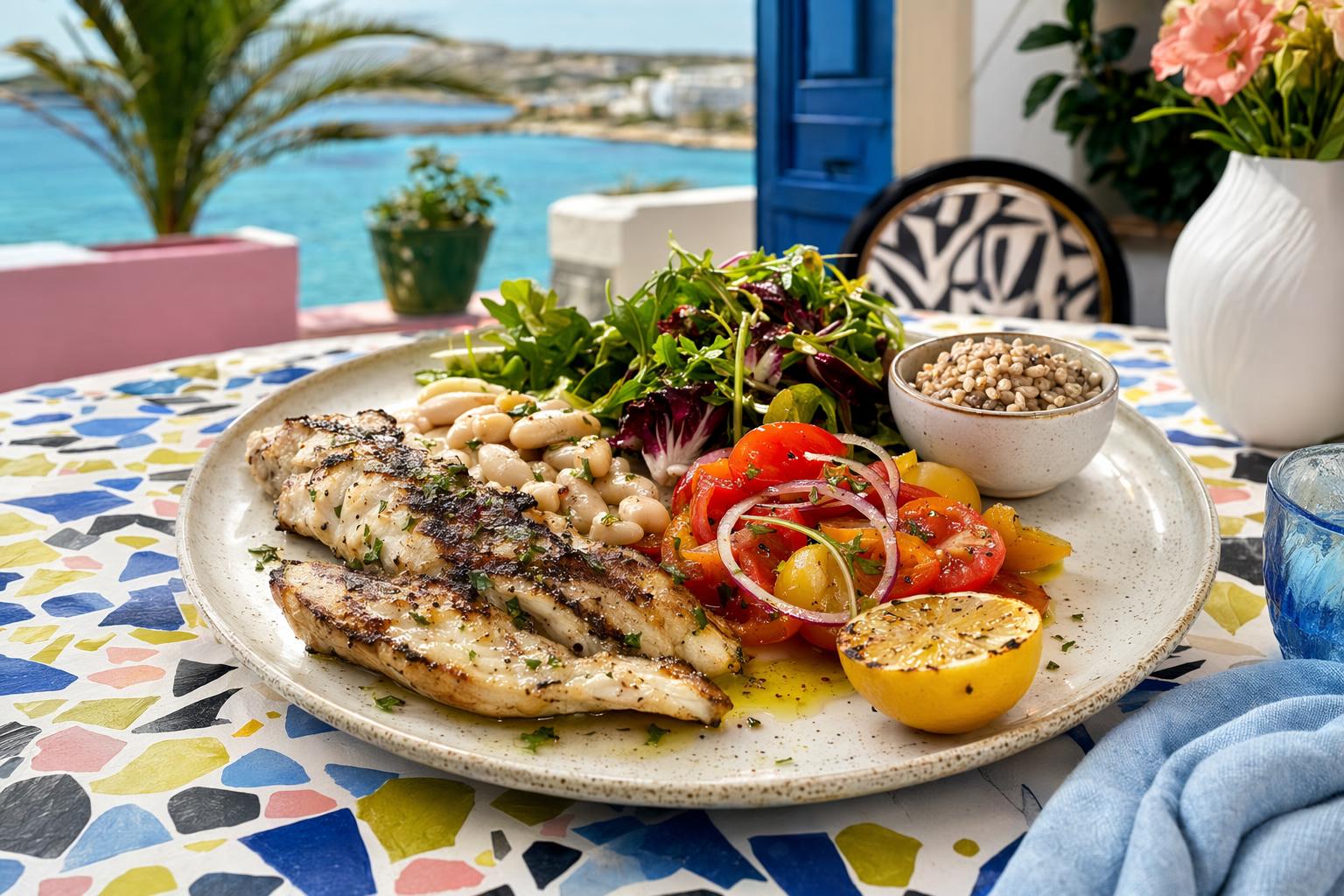 Mediterranean restaurant plate in Malta with grilled fish, beans, tomato salad, greens, olive oil and a small whole-grain side.