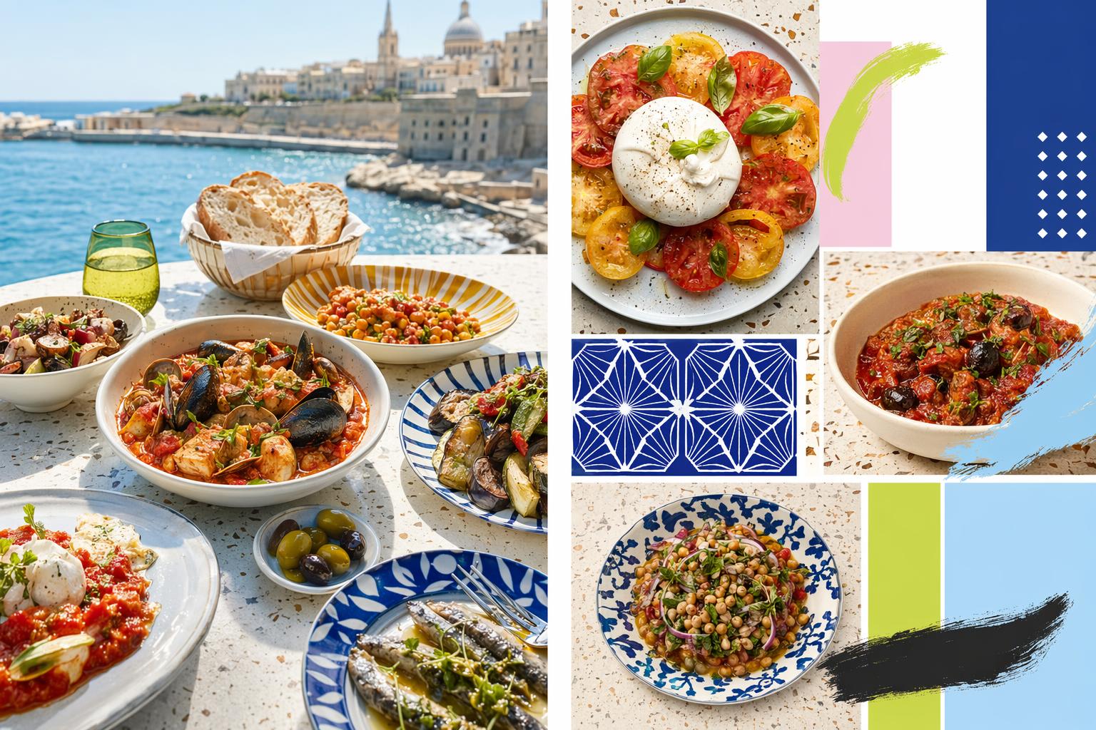 Mediterranean food spread in Malta with seafood, tomato dishes, vegetables, legumes, olives, bread and shared plates.