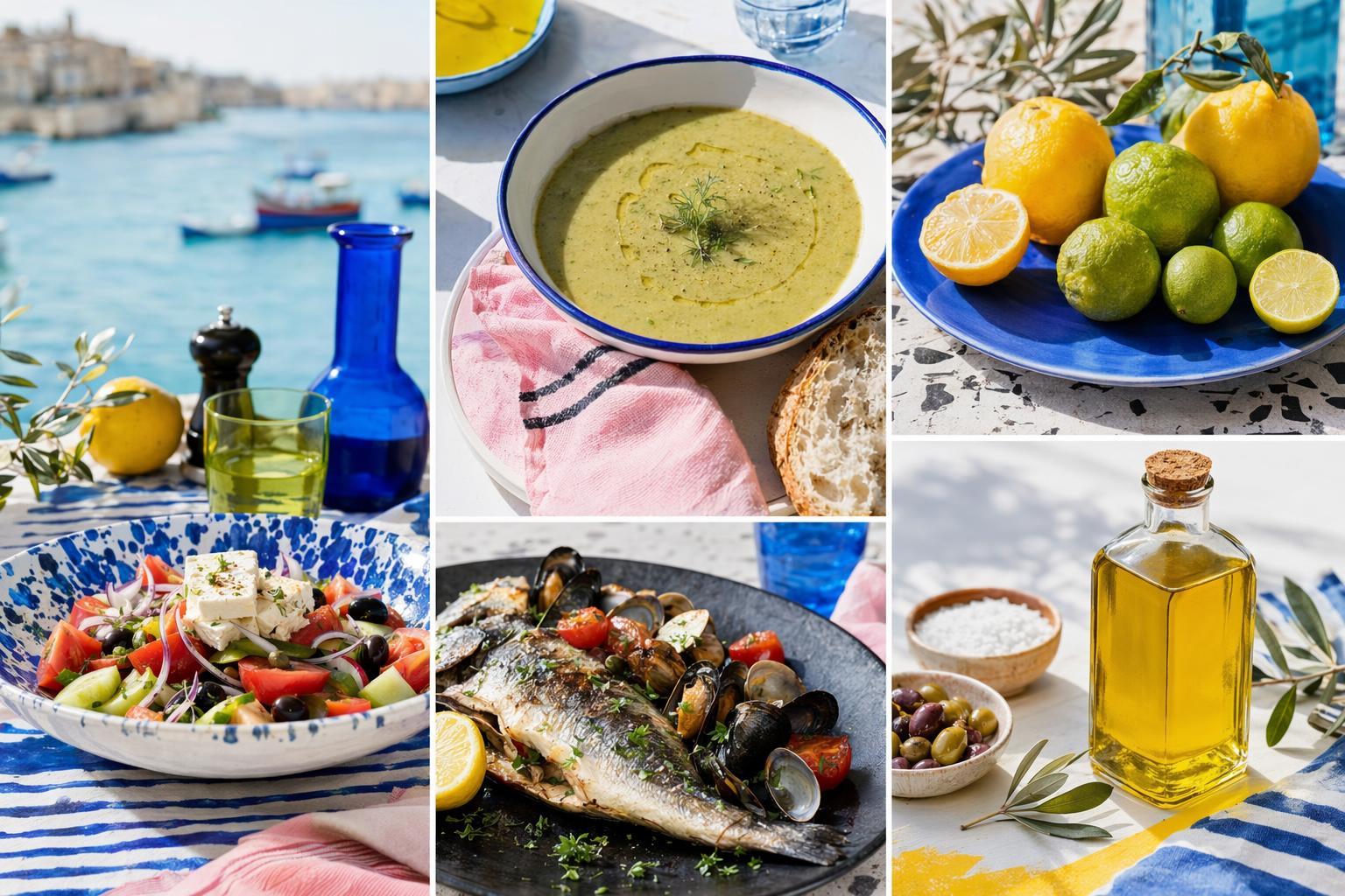 Seasonal Mediterranean eating collage in Malta with salad, soup, seafood, citrus, olive oil, herbs and water.