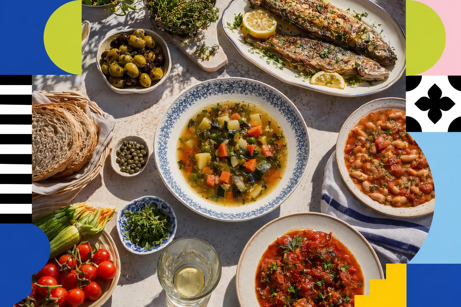 Traditional Maltese healthy food table with vegetable soup, fish, beans, tomato dishes, bread, herbs and water.