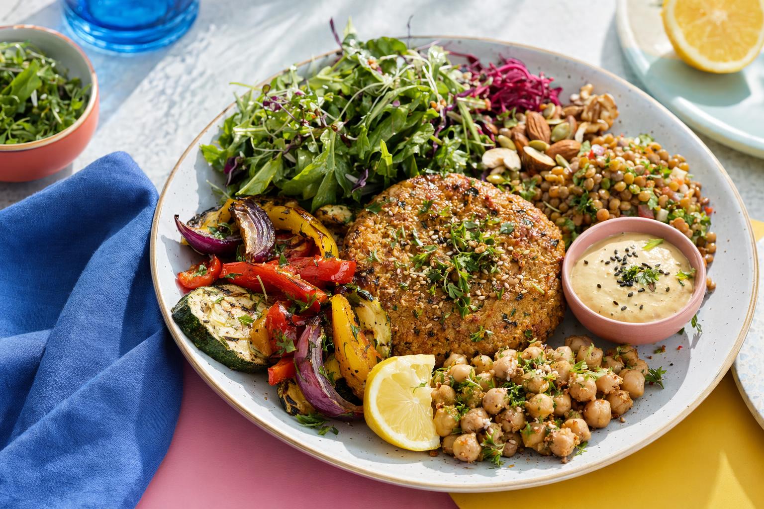 Plant-based restaurant plate in Malta with legumes, grilled vegetables, greens, nuts, seeds, herbs and sauce.